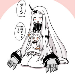 Rule 34 | 10s, :d, ^ ^, abyssal ship, ahoge, blush stickers, claws, closed eyes, colored skin, detached sleeves, dress, closed eyes, feeding, food, holding, horns, kantai collection, long hair, mittens, northern ocean princess, open mouth, orange eyes, roshiakouji-chan, seaport princess, single horn, sitting, sitting on lap, sitting on person, smile, takoyaki, translation request, white dress, white hair, white skin