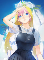 Rule 34 | 1girl, blue eyes, bottle, commentary request, day, from below, go-toubun no hanayome, highres, hirokiku, jewelry, nakano ichika, necklace, outdoors, palm tree, parted lips, short hair, short sleeves, sky, towel, towel on head, tree, upper body, water, water bottle