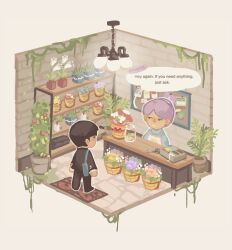 Rule 34 | 2boys, animal crossing, animal crossing (style), bag, black hair, bulletin board, ceiling light, commentary, counter, english commentary, english text, flower, flower shop, gakuran, highres, indoors, kageyama shigeo, long sleeves, looking at another, male focus, minegishi toshiki, mob psycho 100, mp100days, multiple boys, nintendo, outline, plant, potted plant, purple hair, school uniform, scissors, shop, short hair, shoulder bag, speech bubble, standing, tip jar, white outline