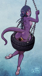 Rule 34 | 1girl, blue hair, blush, braid, breasts, colored skin, dildo, feet, from behind, green eyes, monster girl, my pet tentacle monster, purple skin, pussy juice, sideboob, solo, spikes, tail, tire, uncensored
