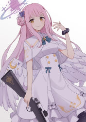 Rule 34 | 1girl, akahi242, blue archive, brown eyes, cowboy shot, dress, feathered wings, flower, gun, hair flower, hair ornament, halo, highres, holding, holding gun, holding weapon, long hair, looking at viewer, low wings, mika (blue archive), pink hair, sidelocks, solo, standing, weapon, white background, white dress, wings