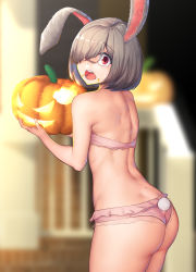 Rule 34 | 1girl, absurdres, animal ears, ass, bare shoulders, bikini, blurry, blurry background, blush, brown hair, cowboy shot, depth of field, eating, food, food on face, hair over one eye, highres, holding, holding food, holding pumpkin, holding vegetable, jack-o&#039;-lantern, looking at viewer, nicchi, night, open mouth, original, outdoors, pink bikini, pumpkin, rabbit ears, rabbit girl, rabbit tail, red eyes, short hair, solo, sweatdrop, swimsuit, tail, vegetable, wide-eyed