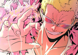 Rule 34 | 1boy, absurdres, artist name, blonde hair, coat, collarbone, commentary, donquixote doflamingo, earrings, evil smile, feather coat, highres, jewelry, male focus, mygiorni, one piece, short hair, smile, solo, string, sunglasses, teeth, white-framed eyewear