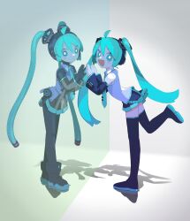 Rule 34 | 2girls, aqua eyes, aqua hair, bare shoulders, black footwear, blush, bright pupils, cable hair, cheri zao, closed mouth, colored skin, detached sleeves, fang, hatsune miku, headphones, highres, long hair, looking at viewer, multicolored skin, multiple girls, nail polish, necktie, open mouth, pleated skirt, reflection, see-through, see-through skirt, see-through sleeves, shirt, skirt, smile, standing, thighhighs, twintails, vocaloid, white pupils, white shirt