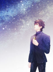 Rule 34 | 1boy, brown eyes, brown hair, capricorn (constellation), cross, cross necklace, fate/zero, fate (series), highres, hisohiso, hisohiso (altoblue), jewelry, kotomine kirei, male focus, necklace, sky, solo, star (sky), starry sky