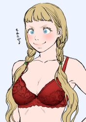 1girl angelica_(kuzukago) blonde_hair blue_eyes bra braid breasts collarbone commentary_request cross-eyed eighth_note embroidered_bra highres kuzukago_(bitchmaker) long_hair medium_breasts musical_note original red_bra simple_background smile solo twin_braids underwear upper_body v-shaped_eyebrows white_background