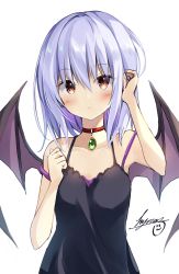 Rule 34 | 1girl, bad id, bad twitter id, bat wings, black dress, blue hair, blush, choker, closed mouth, collarbone, commentary request, dress, highres, hyurasan, jewelry, no headwear, red choker, red eyes, remilia scarlet, short hair, signature, simple background, sleeveless, sleeveless dress, solo, touhou, white background, wings