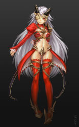 Rule 34 | 1girl, absurdres, aldra (queen&#039;s blade), aldra (queen's blade), armor, belt, belt bra, breasts, codpiece, crop top, eyepatch, grey hair, highres, long hair, long sleeves, looking at viewer, navel, queen&#039;s blade, queen aldra, red eyes, red thighhighs, revealing clothes, simple background, small breasts, solo, standing, thigh strap, thighhighs, very long hair