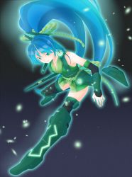 Rule 34 | 1girl, aqua hair, armor, bad id, bad pixiv id, bare shoulders, glowing, greaves, green eyes, highres, long hair, ponko, ponytail, solo, thighhighs, vividgreen, vividred operation, weapon