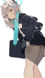 Rule 34 | 1girl, absurdres, animal ears, bare legs, black jacket, black skirt, blue archive, blue halo, blue scarf, grey hair, halo, highres, jacket, looking at viewer, pjkka, scarf, school uniform, shiroko (blue archive), simple background, skirt, solo, twitter, white background, wolf ears