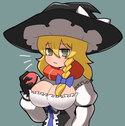 Rule 34 | 1girl, black gloves, black hat, blonde hair, blue bow, blue ribbon, blush, bow, braid, breasts, cleavage, commentary request, cookie (touhou), creatures (company), expressionless, game freak, gloves, green eyes, hair between eyes, hair bow, hat, hat bow, highres, holding, holding poke ball, kirisame marisa, large breasts, long hair, looking at viewer, madore, mars (cookie), nintendo, notice lines, parted lips, poke ball, pokemon, rei no himo, ribbon, short hair, simple background, single braid, solo, touhou, upper body, white bow, witch hat