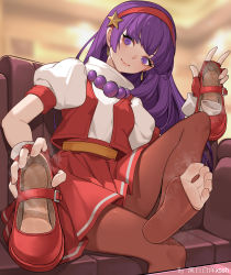 Rule 34 | 1girl, absurdres, asamiya athena, barefoot, couch, feet, hairband, highres, holding, holding shoes, legs, long hair, looking at viewer, pantyhose, purple eyes, purple hair, shoes, unworn shoes, sitting, smile, soles, steam, the king of fighters, toes, torn clothes, torn pantyhose, xssh