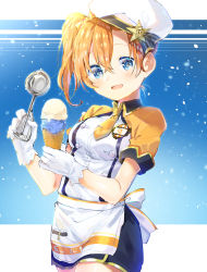 Rule 34 | 1girl, :d, alternate hairstyle, apron, beret, blue background, blue eyes, blue skirt, bow, buttons, clothes writing, double-breasted, double scoop, food, gloves, hair bow, hat, hat ornament, ice cream, ice cream cone, ice cream scoop, kosaka honoka, looking at viewer, love live!, love live! school idol festival, love live! school idol project, miniskirt, name tag, necktie, open mouth, orange hair, orange necktie, petals, pop (pochige), short sleeves, side ponytail, skirt, smile, solo, star (symbol), star hat ornament, tie clip, waist apron, white gloves, white hat
