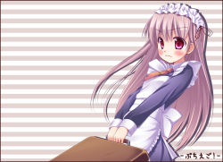 Rule 34 | &gt;:(, 1girl, blush, brown hair, carrying, frown, long hair, maid, maid headdress, nullken, original, pink eyes, solo, striped, striped background, suitcase, v-shaped eyebrows, very long hair