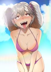 Rule 34 | 1girl, aged up, ahegao, arms between legs, astrocriminal, bikini, blue sky, blush, breasts, cleavage, cloud, highres, leaning forward, medium breasts, nervous sweating, open mouth, original, purple bikini, rainbow, red eyes, rolling eyes, saliva, silver hair, sky, summer, sweat, swimsuit, tongue, tongue out, very sweaty