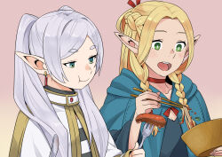 Rule 34 | 2girls, :t, absurdres, blonde hair, blue capelet, blush, bowl, braid, bright pupils, capelet, choker, chopsticks, closed mouth, commentary request, crossover, dungeon meshi, earrings, eating, elf, fingernails, food, fork, frieren, gold trim, green eyes, grey hair, hair around ear, hair over shoulder, hair ribbon, highres, holding, holding bowl, holding chopsticks, holding fork, hood, hooded capelet, jewelry, long hair, looking at food, low twin braids, marcille donato, multiple girls, needle (needlebomb), noodles, open mouth, parted bangs, pink background, pointy ears, red choker, red ribbon, ribbon, salmon, season connection, shirt, short eyebrows, side-by-side, simple background, smile, sousou no frieren, species connection, striped clothes, striped shirt, teeth, twin braids, twintails, upper body, upper teeth only, white capelet, white pupils