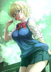 Rule 34 | 1girl, against railing, alternate costume, backlighting, blonde hair, blouse, blue eyes, bow, bowtie, braid, breasts, candy, cowboy shot, darjeeling (girls und panzer), day, foliage, food, girls und panzer, highres, large breasts, licking, lollipop, looking at viewer, miniskirt, nakahira guy, outdoors, pleated skirt, railing, red bow, red bowtie, shirt, skirt, solo, vest, white shirt