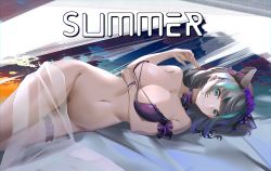 Rule 34 | 1girl, :3, absurdres, animal ears, aqua hair, areola slip, arm strap, arm under breasts, azur lane, bare shoulders, bikini, blue eyes, blunt bangs, bottomless, breasts, cheshire (azur lane), cheshire (summery date!) (azur lane), choker, cleavage, closed mouth, collarbone, commentary, fake animal ears, fang, frilled hairband, frills, grey hair, groin, hairband, hand up, highres, ka11 ca, large breasts, looking at viewer, lying, maid headdress, multicolored hair, navel, on side, purple bikini, purple choker, sarong, see-through, short hair, sidelocks, skin fang, smile, solo, stomach, strapless, strapless bikini, streaked hair, swimsuit