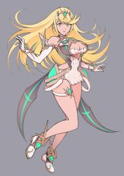 Rule 34 | 1girl, bare legs, bare shoulders, blonde hair, breasts, chest jewel, cleavage, cleavage cutout, clothing cutout, dress, earrings, elbow gloves, gem, gloves, headpiece, highres, jewelry, large breasts, long hair, mythra (xenoblade), short dress, solo, swept bangs, thigh strap, tiara, ug333333, very long hair, white dress, white gloves, xenoblade chronicles (series), xenoblade chronicles 2, yellow eyes
