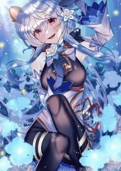 Rule 34 | absurdres, arm up, armpits, artist name, bare shoulders, bell, black gloves, black legwear, blue hair, blush, bow, bowtie, breasts, chinese knot, curled horns, detached sleeves, emiri (user ggkz7554), flower, flower knot, ganyu (genshin impact), genshin impact, glaze lily, gloves, gold trim, highres, holding, holding flower, horns, long hair, looking at viewer, medium breasts, neck bell, night, red eyes, signature, sitting, smile, solo, thighlet, white sleeves