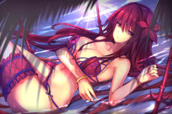 Rule 34 | 1girl, antiqq, bikini, bracelet, breasts, cleavage, fate/grand order, fate (series), flower, gae bolg (fate), hair flower, hair ornament, hibiscus, jewelry, large breasts, bridal garter, looking at viewer, lying, navel, on back, palm tree, partially submerged, pink bikini, purple bikini, purple hair, red eyes, scathach (fate), scathach (fate), scathach (swimsuit assassin) (fate), swimsuit, tree, water