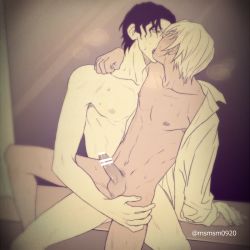 Rule 34 | 2boys, akai shuuichi, amuro tooru, anal, artist name, ass, blurry, blush, bottomless, censored, collared shirt, completely nude, cum, depth of field, erection, hand on another&#039;s thigh, kiss, male focus, male penetrated, meitantei conan, msmsm0920, multiple boys, nipples, nude, penis, sex, shirt, sitting, sitting on person, sweat, wince, yaoi