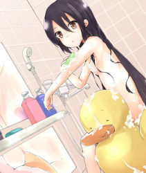 Rule 34 | 1girl, absurdres, bad id, bad pixiv id, bathing, black hair, brown eyes, completely nude, dutch angle, haine, hair down, highres, k-on!, long hair, nakano azusa, nude, rubber duck, shower head, soap bubbles, solo