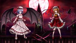 Rule 34 | absurdres, bat wings, blonde hair, blue hair, clock, clock tower, dress, eleeam, flandre scarlet, floating, flying, highres, holding, holding staff, holding weapon, looking at viewer, moon, night, night sky, red dress, red eyes, red moon, remilia scarlet, sky, staff, touhou, tower, weapon, white dress, wings