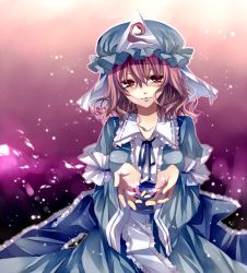 Rule 34 | 1girl, bad id, bad pixiv id, female focus, hat, highres, japanese clothes, open hands, outstretched hand, pink hair, red eyes, saigyouji yuyuko, short hair, solo, touhou, tsukioka tsukiho