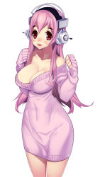 Rule 34 | 1girl, :p, bad id, bad pixiv id, blush, breasts, cleavage, dress, headphones, large breasts, nitroplus, off shoulder, purple hair, simple background, solo, super sonico, sweater, sweater dress, tensugi takashi, tongue, tongue out