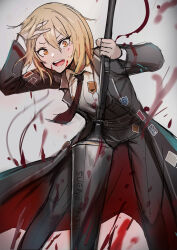 Rule 34 | 1girl, absurdres, badge, black pants, blonde hair, blood, blood on clothes, blood splatter, chuhaibane, collared shirt, don quixote (project moon), grey background, hand up, highres, holding, holding weapon, lance, leaning forward, limbus company, looking at viewer, necktie, open mouth, pants, polearm, project moon, red necktie, shirt, short hair, simple background, smile, solo, sticker, weapon, white shirt, yellow eyes