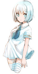 Rule 34 | 1girl, blue eyes, blue hair, blue neckerchief, breasts, closed mouth, collared dress, comah, cropped legs, dress, looking at viewer, neckerchief, original, short hair, short sleeves, simple background, small breasts, solo, striped clothes, striped thighhighs, thighhighs, white background, white dress