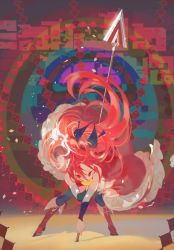 Rule 34 | 1girl, abstract background, boots, commentary, detached sleeves, dress, food, food in mouth, fruit, high heels, leaning forward, lemon, long hair, looking at viewer, magical girl, mahou shoujo madoka magica, mahou shoujo madoka magica (anime), polearm, ponytail, red dress, red eyes, red footwear, red hair, sakura kyoko, shadow, she li (lynxm), solo, spear, tsurime, very long hair, weapon