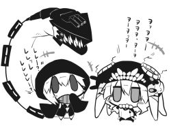 Rule 34 | 10s, 2girls, abyssal ship, blush stickers, chibi, goma (gomasamune), greyscale, hat, hood, hooded jacket, hoodie, jacket, jitome, kantai collection, monochrome, multiple girls, re-class battleship, scarf, sharp teeth, tail, teeth, turret, wo-class aircraft carrier