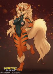 Rule 34 | 1girl, animal ears, animal hands, arcanine, artist name, blonde hair, breasts, brown background, claws, creatures (company), english text, fangs, feet, female focus, fox tail, full body, furry, furry female, game freak, gen 1 pokemon, half-closed eyes, hand on own hip, highres, jewelry, large breasts, leg up, long hair, looking at viewer, navel, necklace, nintendo, nipples, nude, patreon, patreon username, personification, poke ball theme, pokemon, pokemon (creature), pokemon rse, pussy, satsukii, simple background, smile, solo, standing, standing on one leg, tail, teeth, text focus, uncensored, yellow eyes