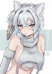 Rule 34 | 1girl, absurdres, animal ears, bare shoulders, breasts, chascoby, commentary, elbow gloves, gloves, grey gloves, grey hair, hair intakes, highres, kobita (chascoby), large breasts, looking at viewer, midriff, original, parted lips, short hair, solo, upper body, yellow eyes