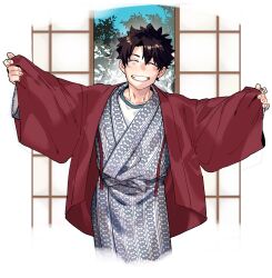 Rule 34 | 1boy, black hair, blush, cropped torso, facing viewer, fate/grand order, fate (series), fingernails, fujimaru ritsuka (male), grin, highres, imoda, japanese clothes, kimono, looking at viewer, male focus, outstretched arms, shirt, short hair, smile, solo, spread arms, white kimono, white shirt, wide sleeves