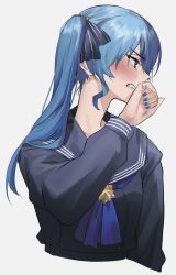 Rule 34 | 1girl, ascot, blue eyes, blue hair, blue nails, blush, clenched teeth, commentary, crying, embarrassed, english commentary, eredhen, hair ribbon, highres, hololive, hoshimachi suisei, long hair, looking away, nail polish, ribbon, school uniform, serafuku, side ponytail, simple background, solo, star (symbol), star in eye, streaming tears, symbol in eye, tears, teeth, upper body, virtual youtuber, white background