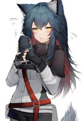 Rule 34 | 1girl, absurdres, animal ears, arknights, black gloves, blue hair, blush, character doll, colored inner hair, doctor (arknights), fingerless gloves, gloves, highres, long hair, long sleeves, looking at viewer, multicolored hair, red hair, tab head, tail, texas (arknights), two-tone hair, white background, wolf ears, wolf girl, wolf tail, yellow eyes
