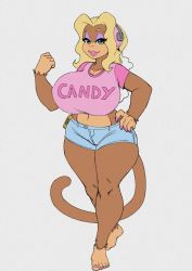Rule 34 | 1girl, ape, blonde hair, blue eyes, breasts, candy kong, donkey kong (series), feet, hand on own hip, headphones, highres, huge breasts, large breasts, medium hair, midriff, monkey girl, monkey tail, nail polish, navel, nintendo, nitro, shorts, smile, tail, thick thighs, thighs