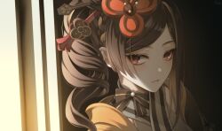 Rule 34 | 1girl, braid, brown hair, chiori (genshin impact), closed mouth, commentary, doda vv, drill hair, genshin impact, hair ornament, hairpin, haori, japanese clothes, looking at viewer, medium hair, red eyes, side drill, solo, upper body