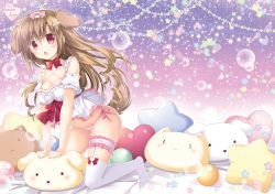 Rule 34 | 1girl, :o, animal ears, arm support, bare shoulders, bed sheet, blush, bone hair ornament, bow, breasts, brown hair, cat-shaped pillow, cleavage, commentary request, detached sleeves, dog ears, dog girl, dog-shaped pillow, dog tail, groin, hair between eyes, hair bow, hair ornament, heart, heart-shaped pillow, highres, kneeling, korie riko, long hair, medium breasts, navel, no shoes, open mouth, original, panties, pillow, pink bow, pink panties, puffy short sleeves, puffy sleeves, red bow, red eyes, short sleeves, side-tie panties, solo, star (symbol), star-shaped pillow, tail, thighhighs, underwear, very long hair