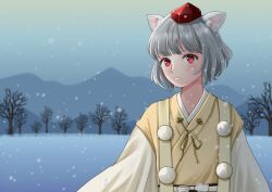 Rule 34 | 1girl, alternate costume, animal ear fluff, animal ears, bare tree, closed mouth, commentary request, grey hair, hat, inubashiri momiji, japanese clothes, kimono, kyabekko, looking at viewer, outdoors, pom pom (clothes), red eyes, red hat, short hair, snow, snowing, solo, tokin hat, touhou, tree, upper body, wolf ears, wolf girl, yellow kimono