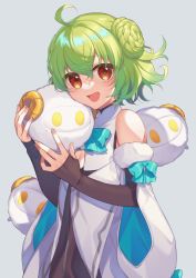 Rule 34 | 1boy, :d, absurdres, ahoge, androgynous, bare shoulders, bow, braid, commentary request, commission, curled horns, detached sleeves, fate (series), green bow, green hair, green neckwear, grey background, hands up, highres, holding, horns, hug, kan&#039;yu (citron 82), long sleeves, looking at viewer, male focus, open mouth, paris (fate), red eyes, short hair, simple background, smile, solo, trap, upper body