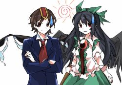 Rule 34 | 1girl, 1other, arm cannon, black hair, black wings, blue jacket, bow, brown hair, collared shirt, commentary, crossed arms, crossover, fensedekaoji, green bow, green skirt, hair bow, highres, jacket, kokutenshi hibaru, len&#039;en, long hair, looking at viewer, necktie, red eyes, red necktie, reiuji utsuho, shirt, short hair, simple background, skirt, smile, sweatdrop, symbol-only commentary, third eye, touhou, upper body, weapon, white background, white shirt, wings
