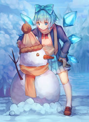 Rule 34 | 1girl, alternate costume, bai li ji yun, blue bow, blue eyes, blue hair, blue jacket, blue skirt, blue sky, bow, bowtie, brown footwear, brown headwear, brown scarf, brown shirt, carrot, chinese commentary, cirno, cloud, commentary request, contemporary, day, gloves, grey gloves, hair bow, hand on own hip, highres, holding, holding shovel, ice, ice wings, jacket, kneehighs, loafers, long sleeves, miniskirt, open clothes, open jacket, orange scarf, outdoors, pleated skirt, pom pom (clothes), red bow, red bowtie, scarf, shirt, shoes, short hair, shovel, skirt, sky, smile, snow, snowman, socks, solo, touhou, white socks, wings