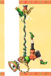 Rule 34 | 1girl, arms (game), beanie, blonde hair, chest guard, domino mask, dragon (arms), eye mask, green eyes, green footwear, hat, highres, kicdon, leggings, leggings under shorts, mask, min min (arms), orange shirt, orange shorts, ramram (arms), shirt, shoes, short hair, shorts, sneakers, solo, stretched limb