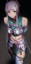 Rule 34 | 1girl, absurdres, arms behind back, bare shoulders, bdsm, blush, bondage, bound, chain, chain leash, character request, clenched teeth, collar, copyright request, dark background, detached sleeves, green eyes, highres, japanese clothes, leash, looking at viewer, midriff, navel, out type (outtypeex), purple hair, restrained, shibari, sidelocks, sweat, teeth, thigh gap