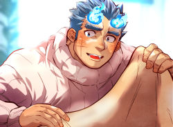 Rule 34 | 1boy, blue eyes, blue fire, blue hair, blurry, blurry background, blush, close-up, coat, fiery horns, fire, horns, kizami nori to yamaimo, male focus, muscular, muscular male, open mouth, sakimori toji, solo, spiked hair, sweater, thick eyebrows, tokyo houkago summoners, turtleneck, turtleneck sweater