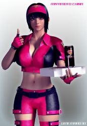 Rule 34 | 3d, artist name, belt, belt buckle, black hair, breasts, buckle, can, character name, cleavage, commentary, energy drink, fingerless gloves, food, gloves, grey eyes, hat, highres, large breasts, looking at viewer, medium hair, midriff, miyamoto china, navel, official art, pizza, pizza delivery, shorts, simple background, thumbs up, umemaro, visor cap, zipper